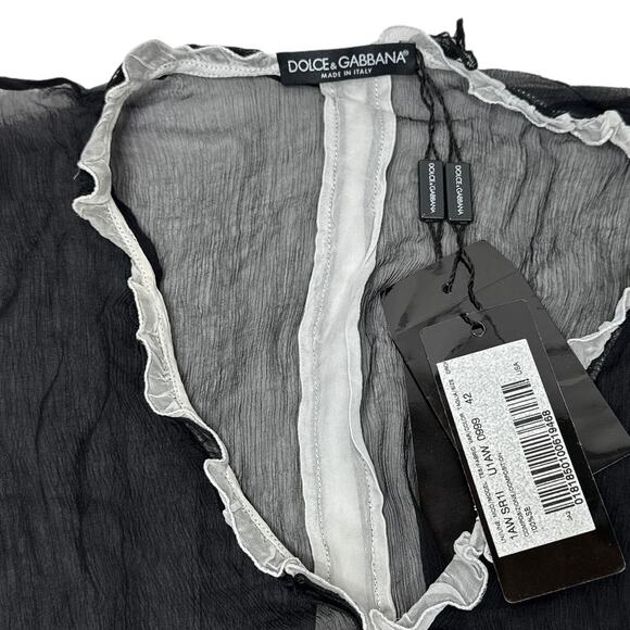 Dolce & Gabbana 100% Silk Sheer Ruffle Trim Top Black Size 42 Small New - Picture 3 of 12